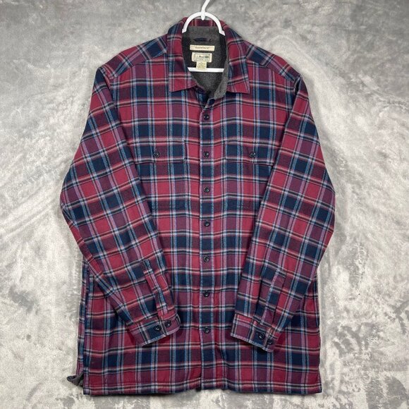 LL Bean Shirt Mens Large Tall Plaid Fleece Lined Flannel Overshirt Shacket Red - Picture 1 of 7